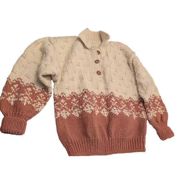 Chunky Knit Nordic Sweater Button Neck Pink Cream Pullover Women’s L/XL - Picture 1 of 7